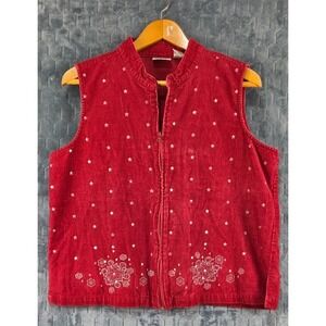BAXTER & WELLS Women's Red Corduroy Zip Up Vest Snow Flakes Sequins - Large